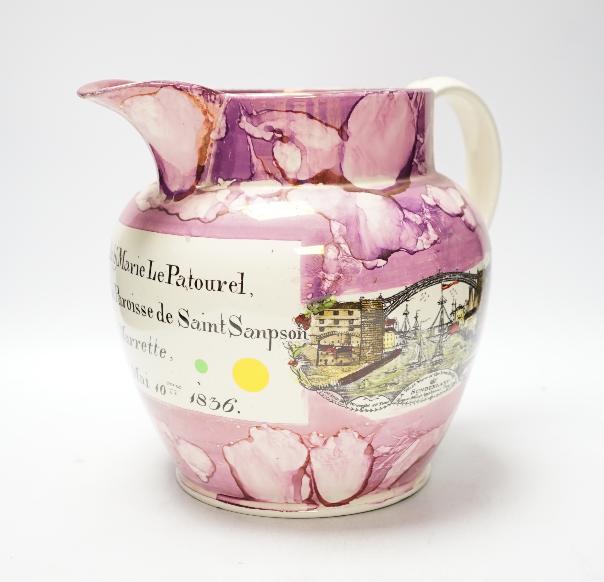 A William IV Sunderland pink lustre jug, with a printed view of the Iron Bridge, Sunderland and an inscription - ‘’Thomas Fala & Marie Le Patourel…Saint Sampson De la Marrette, Guernsey Mai 10, 1836’’, (restored), 23cm